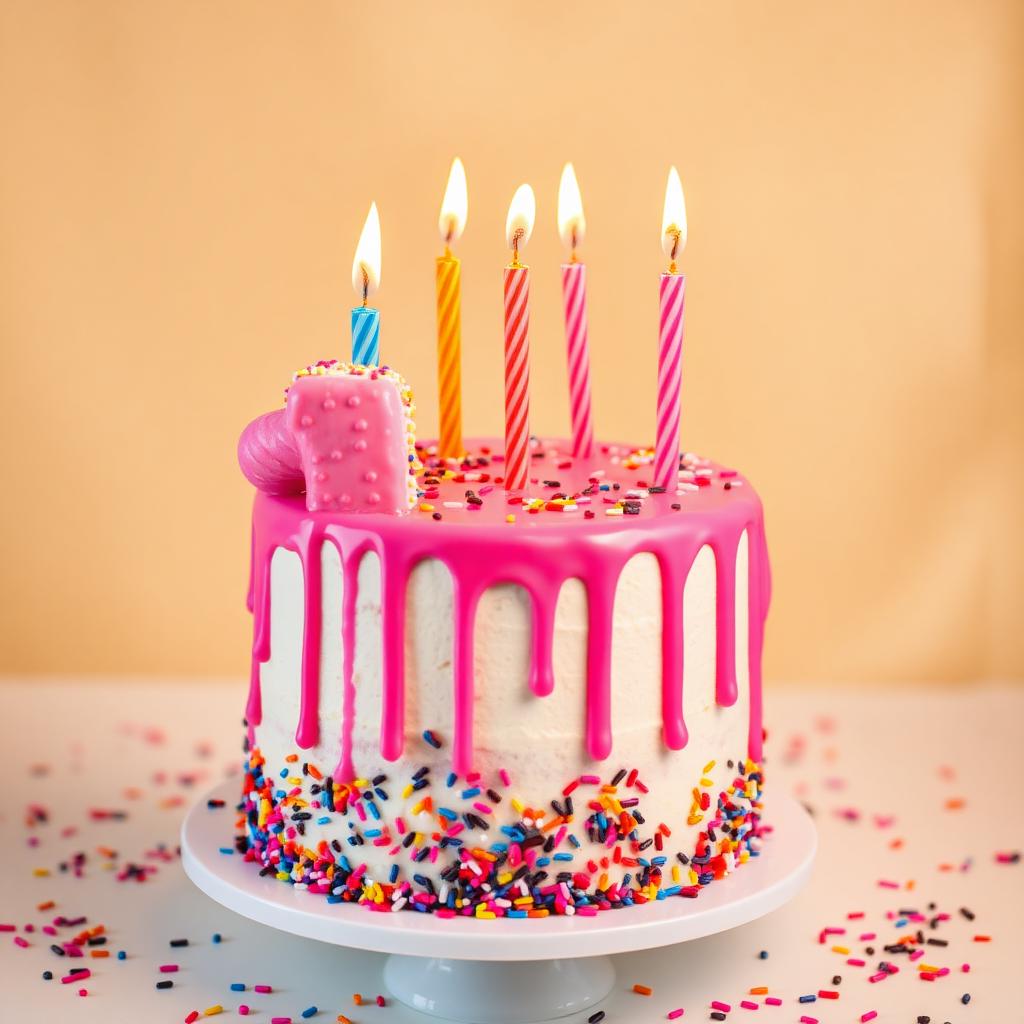 Bright party birthday cake with pink drip icing and candles