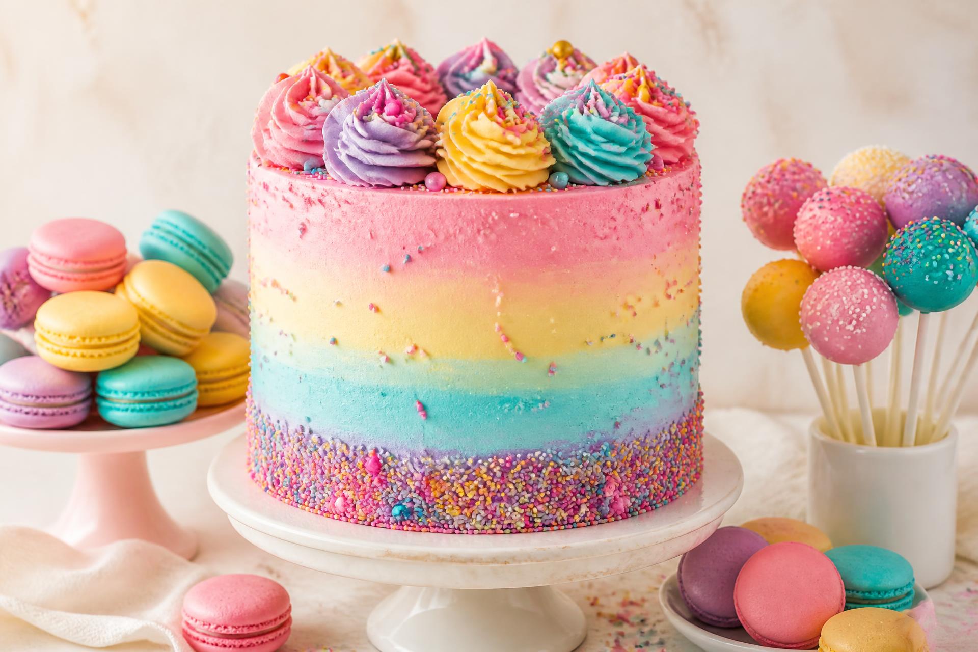 Pastel celebration cake surrounded by colourful macarons and cake pops